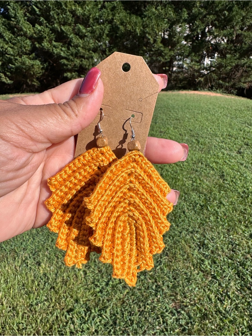 Handmade Mustard Crochet Leaf Earrings - Lightweight Women Jewelry